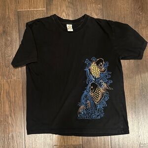 Rocky Black Tee with Blue and Gold Fish Design